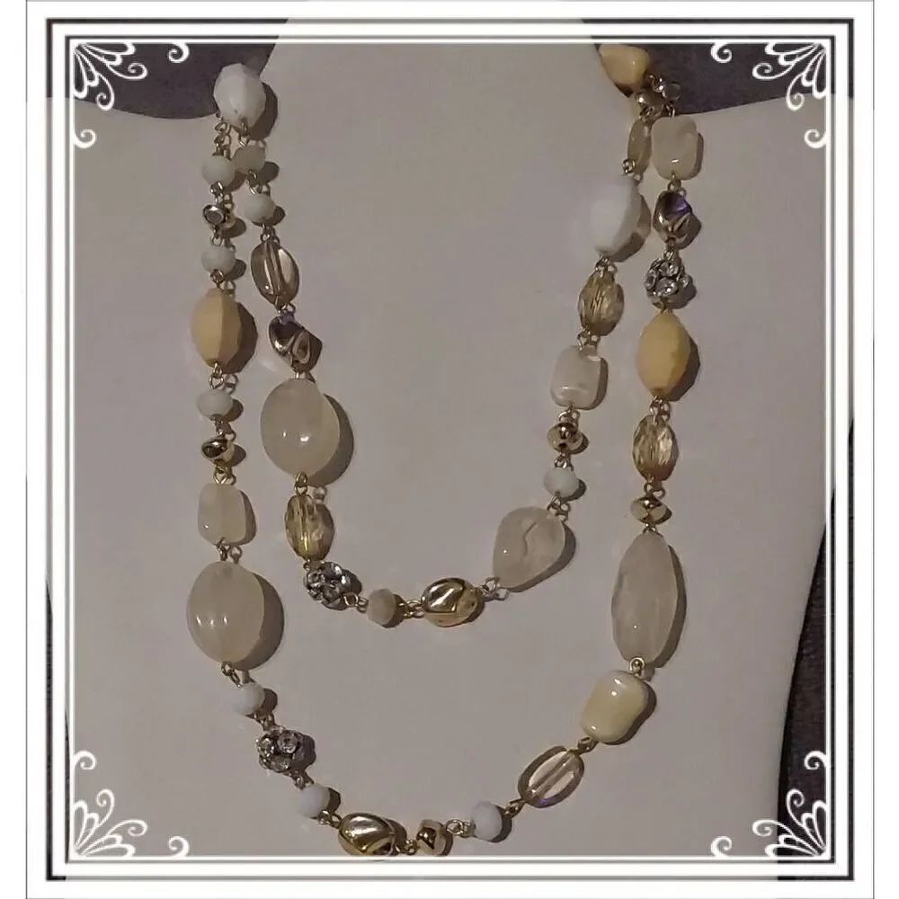 Gorgeous Vintage Long Gold Milky~Taupe~Crystal Ball Beads Necklace